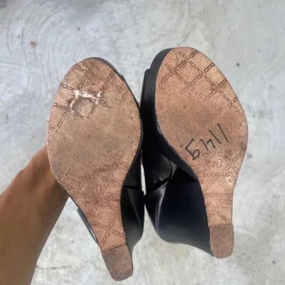 L.A.M.B. Black Leather Amour Wedge Cut Out Platform Heels - Picture 8 of 9